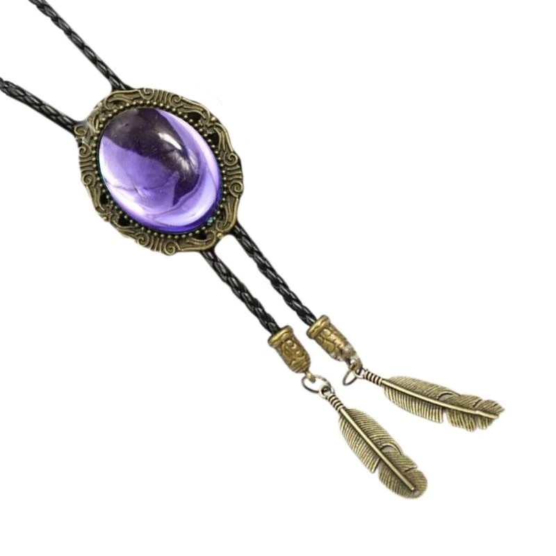 Handmade Jewelry Bolo Tie Western Cowboy Faux Leather Rope Necktie with Vintage Stone Metal Feathered Pendant Necklace