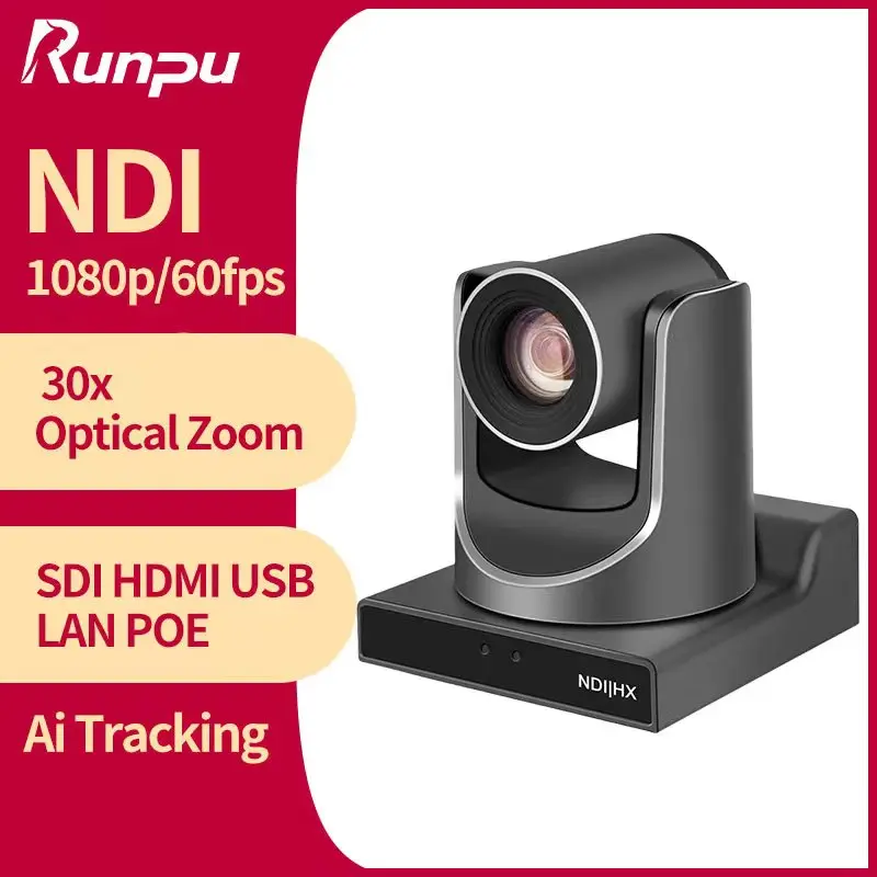 

Runpu V63XL-N Good discount AI auto tracking NDI HX POE 30X PTZ Optics Video Conference Room Camera HD1080P Church Broadcast