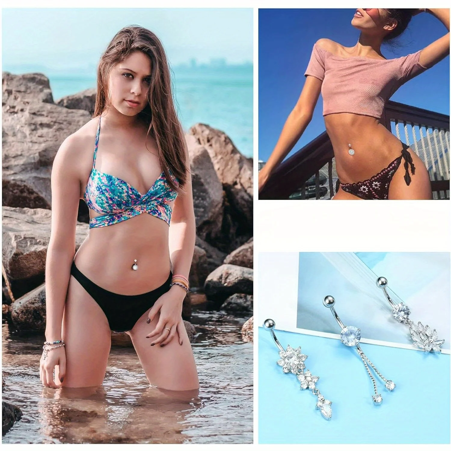 Drperfect 14G Belly Button Rings Dangle 316L Stainless Steel Belly Rings for Women Navel Piercing Jewelry