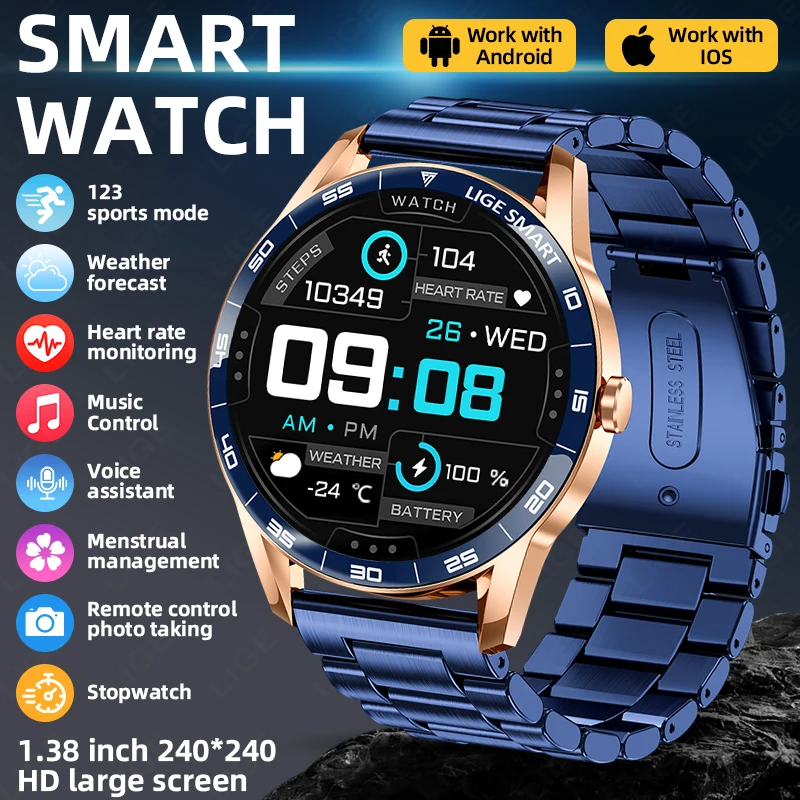 

LIGE Fashion Full Touch Screen Smart Watch Heart Rate Blood Oxygen Monitor Man Watches Bluetooth Call IP68 Waterproof Smartwatch