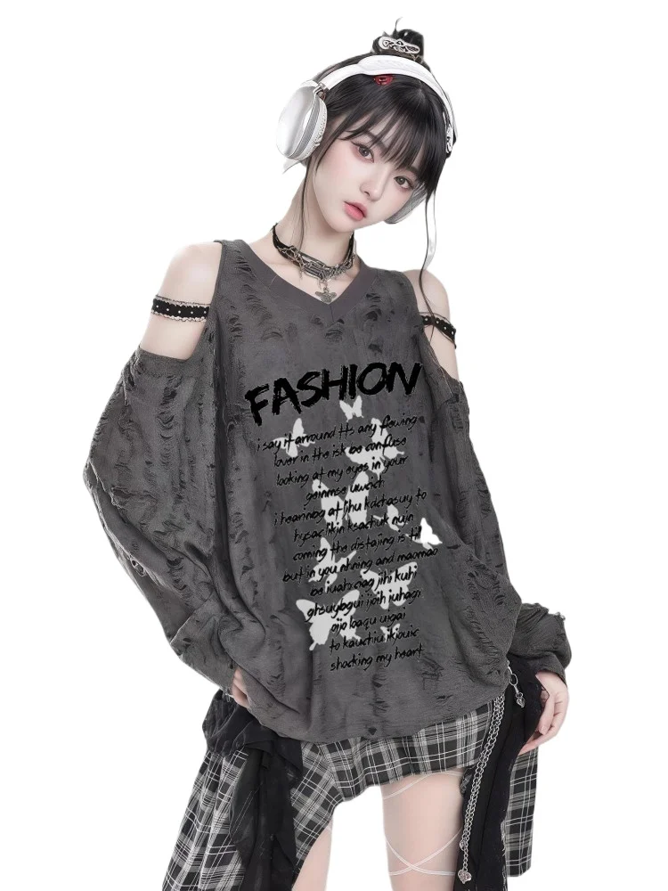 

Женская футболка с длинным рукавом «Бабочка»: весенне-летняя, в стиле «ленивый шик», рваная, свободная, солнцезащитная блузка, повседневный топ в стиле «спайс-гёрл».