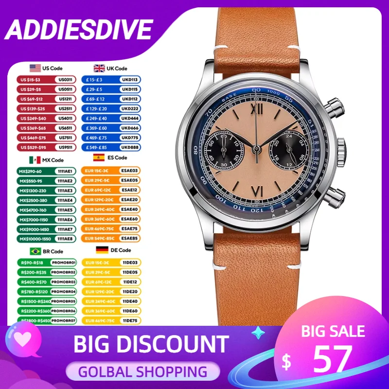 ADDIESDIVE-Montre à Quartz Multifonctionnelle pour Homme, Chronographe 24 Heures, Cadran Noir, Montres en Cuir, Plongée 100m, Montre-Bracelet Business, AD2037