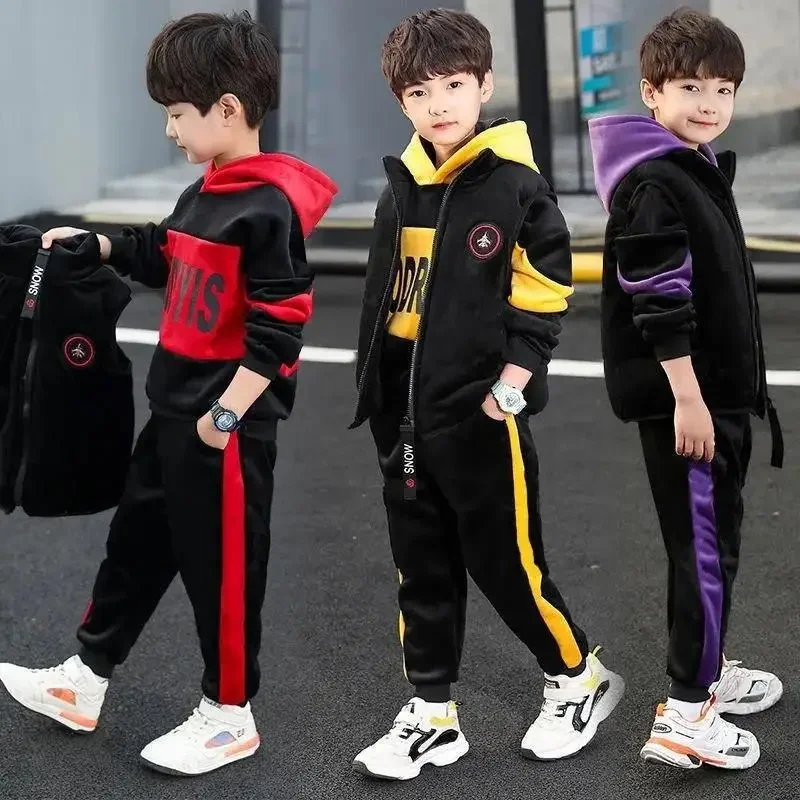 2024 winter Boys tracksuit Autumn Toddler Teenager Clothes vest velvet jacket + Sweatishrt hooded + Pant Children Kids 4 12 year