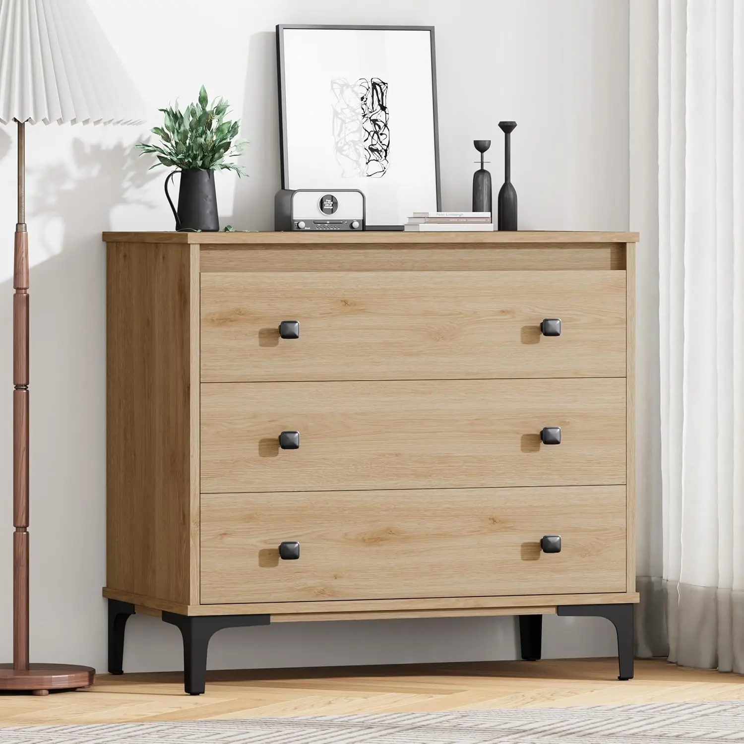 

Тумба-комод с 3 ящиками, 31,4 дюйма в ширину, для спальни, гостиной, прихожей, современный органайзер для хранения, подставка под ТВ, светлый дуб, на заказ