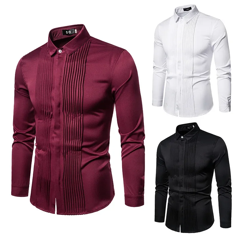 

2023 New Men's Long Sleeved Shirt British Style Lapel Pleated Men's Uniform Dress Shirt Bottom