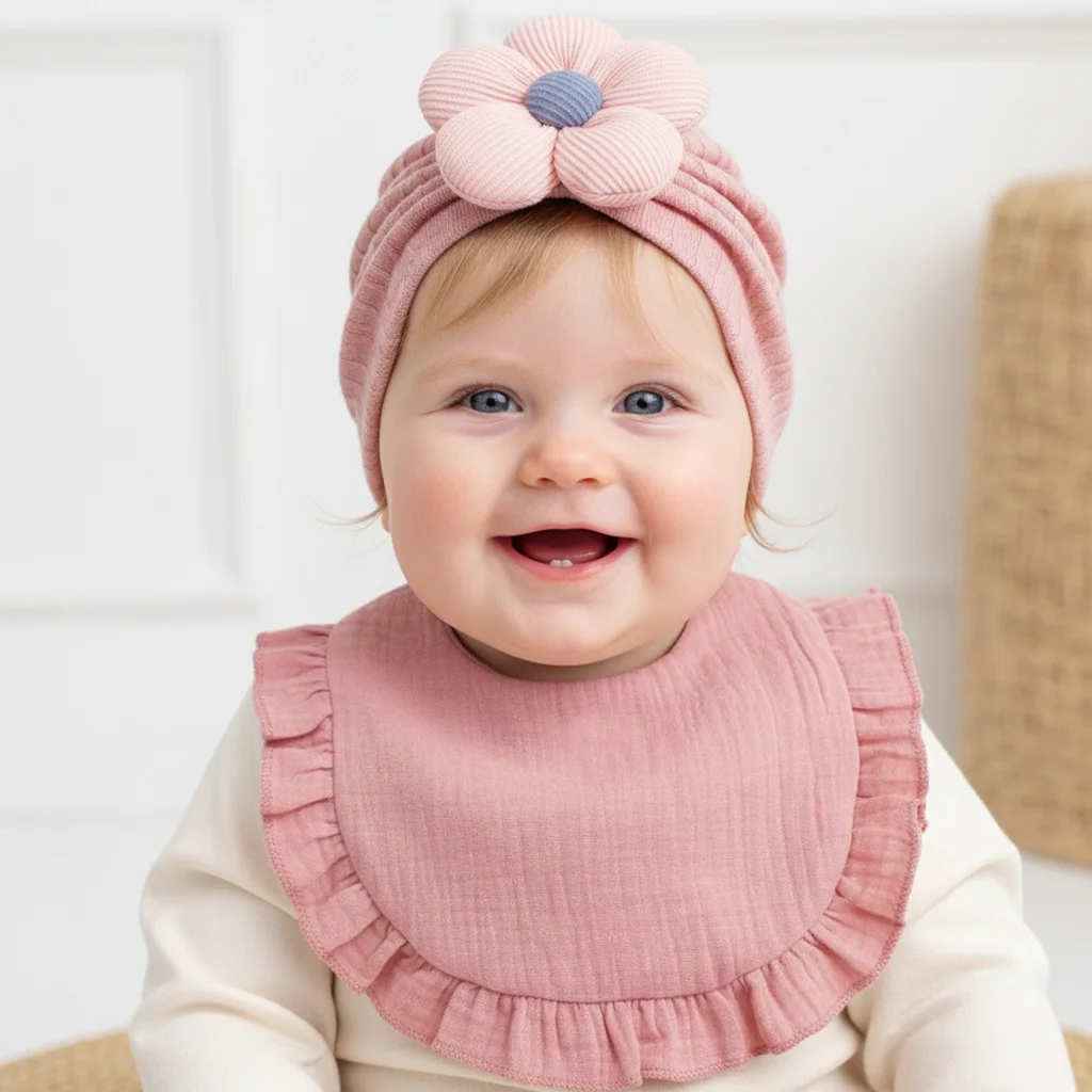 

2Pcs Baby Bib & Hat Set Cotton Muslin Gauze Ruffle Bib 3D Flower Turban Hat Newborn Infant Toddler Saliva Towel Gift Items