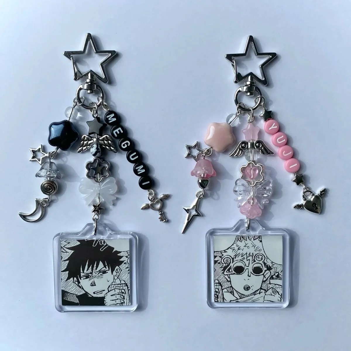 Llaveros yuji y megumi, joyería Y2k hecha a mano, colgante de llavero con foto acrílica