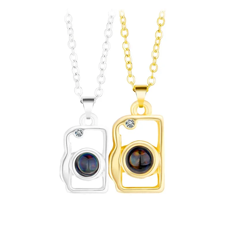 Lovecryst 2pcs/set Attractive Magnetic Heart Camera Puzzle Pendant 100 Languages I Love You Projection Couple Necklace Gifts
