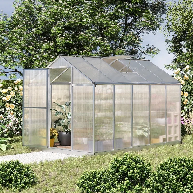 Outsunny 10' x 6' Greenhouse for Outdoors, Polycarbonate Greenhouse with Rain Gutter and Roof Vent, Aluminum Walk-in