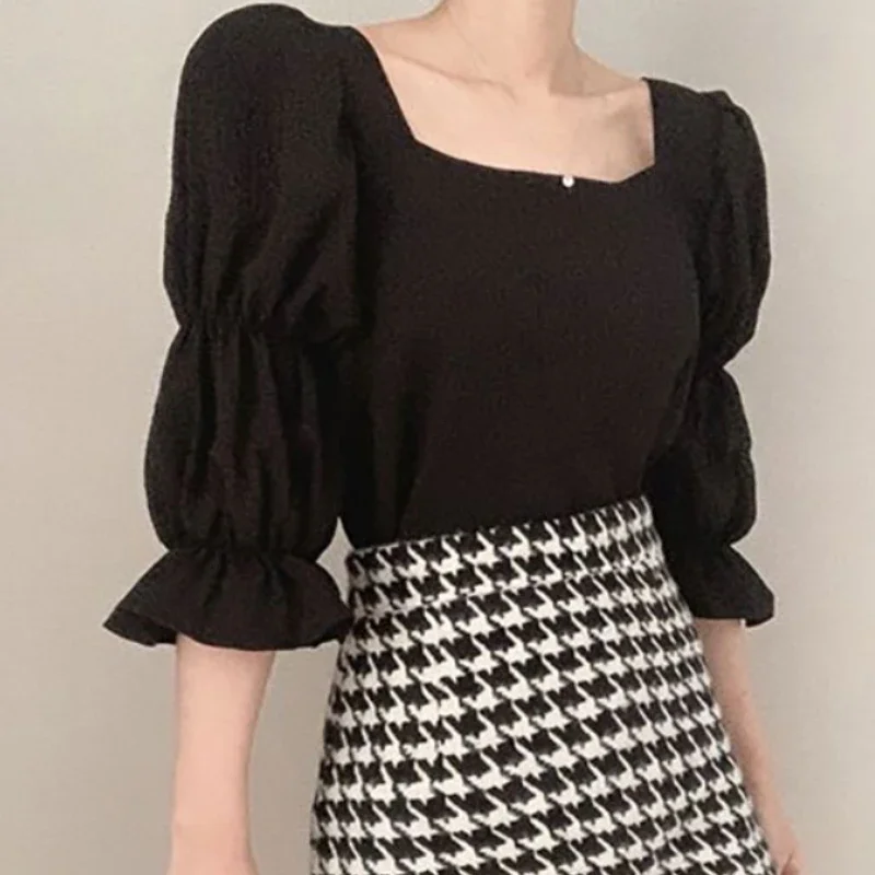 Blouses Women Solid Square Collar Puff Sleeve Elegant Ulzzang Ladies Slim Summer Clothes Breathable Popular Design Streetwear