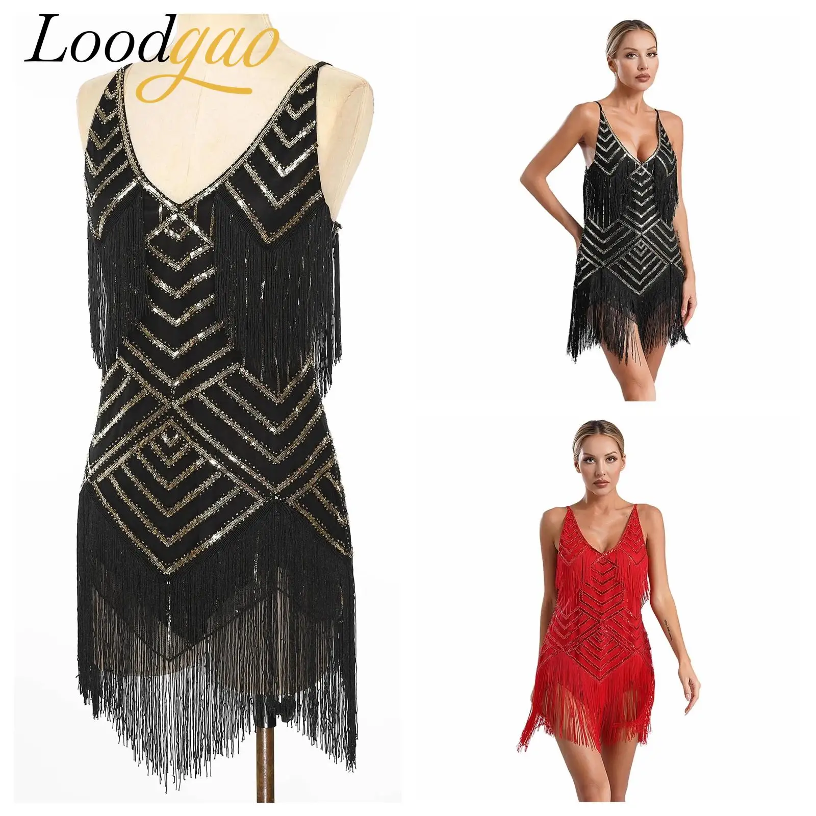 

Women Adults Vintage 1920s Fringe Flapper Dress Latin Dance Costume Cha-Cha Tango Dancewear Femme V Neck Tassel Leotard Dresses