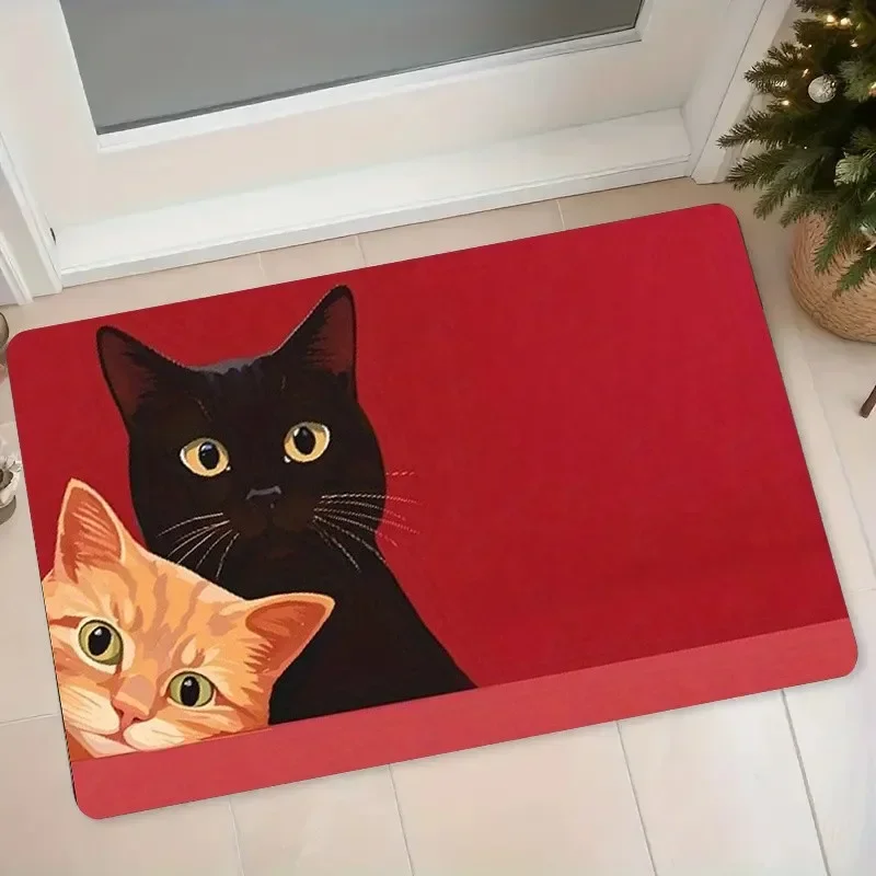 Solid Red Background Two Peeking Black Ginger Cat Cartoon Print Anti Slip Entrance Doormat Pet Cat Lover Entry Floor Mat