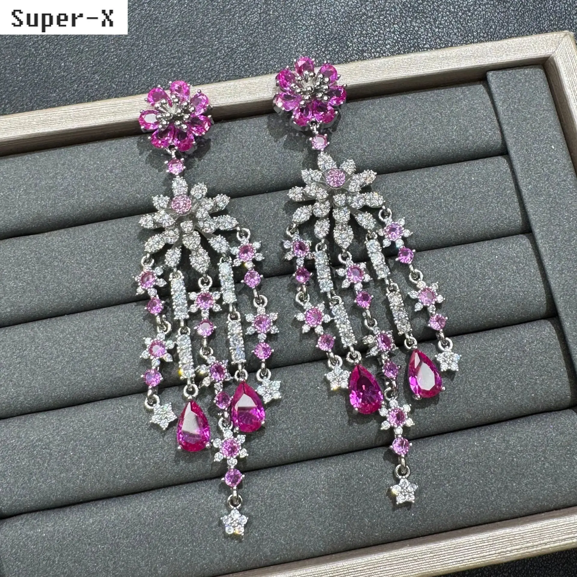 Gorgeous cubic zirconia flower earrings for women jewelry gala event wedding party dangling earrings yellow pink red long chain