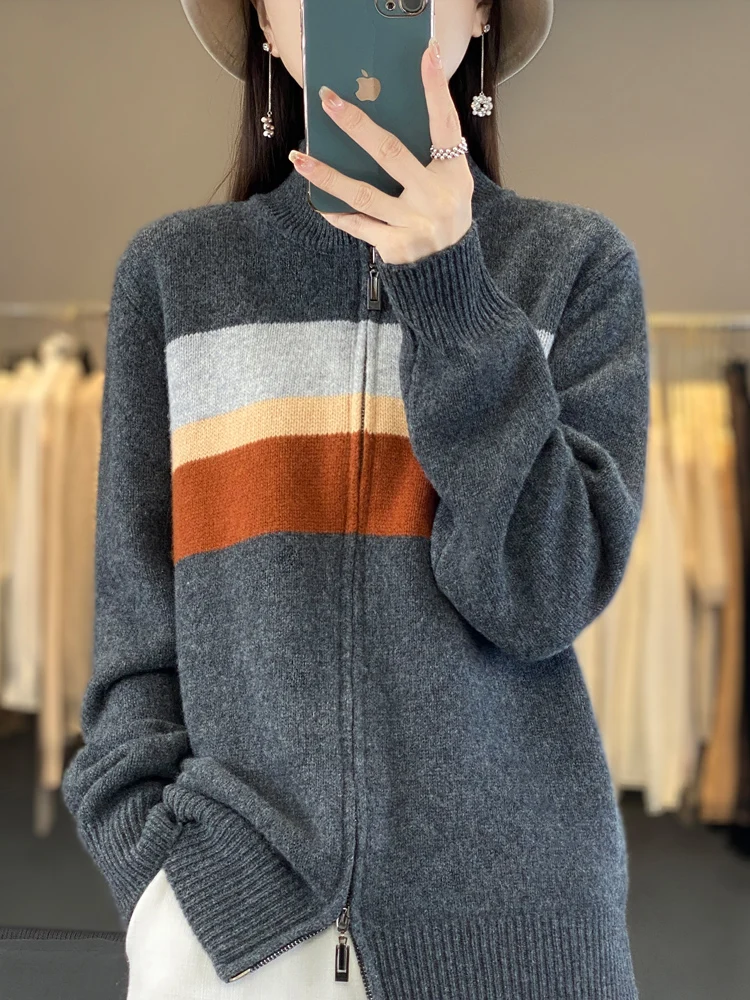 Autumn Winter Women Zipper Cashmere Sweater Thick Contrast Color Cardigan 100% Merino Wool Knitwear Female Soft Mock  Neck Coat