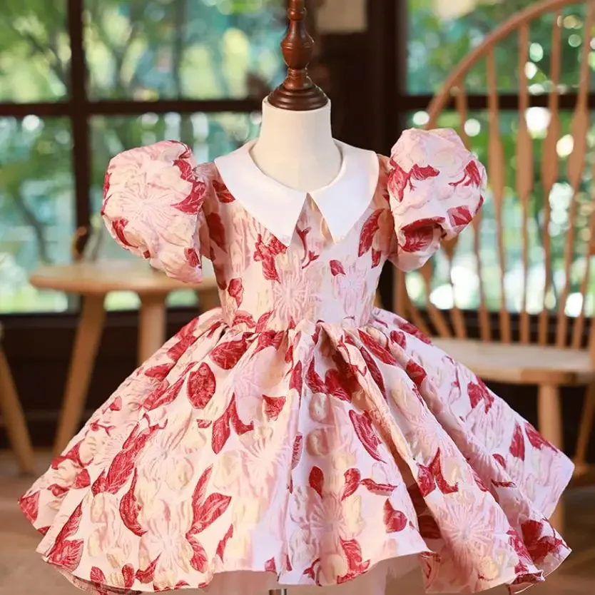 

Baby Spanish Lolita Princess Ball Gown Red Flower Lapel Design Birthday Baptism Easter Eid Dresses For Girls