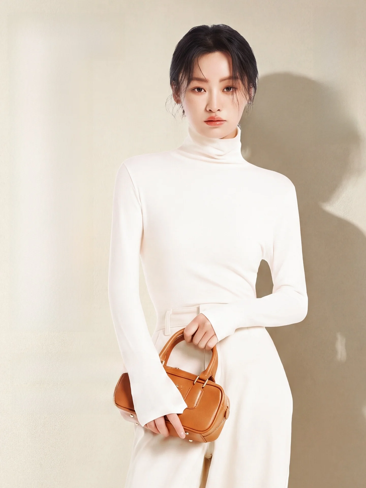High Neck Long Sleeve Thermal Shirt Cotton Wool Blend Stretchy Inner Wear Heat Generating Base Layer Top for Women