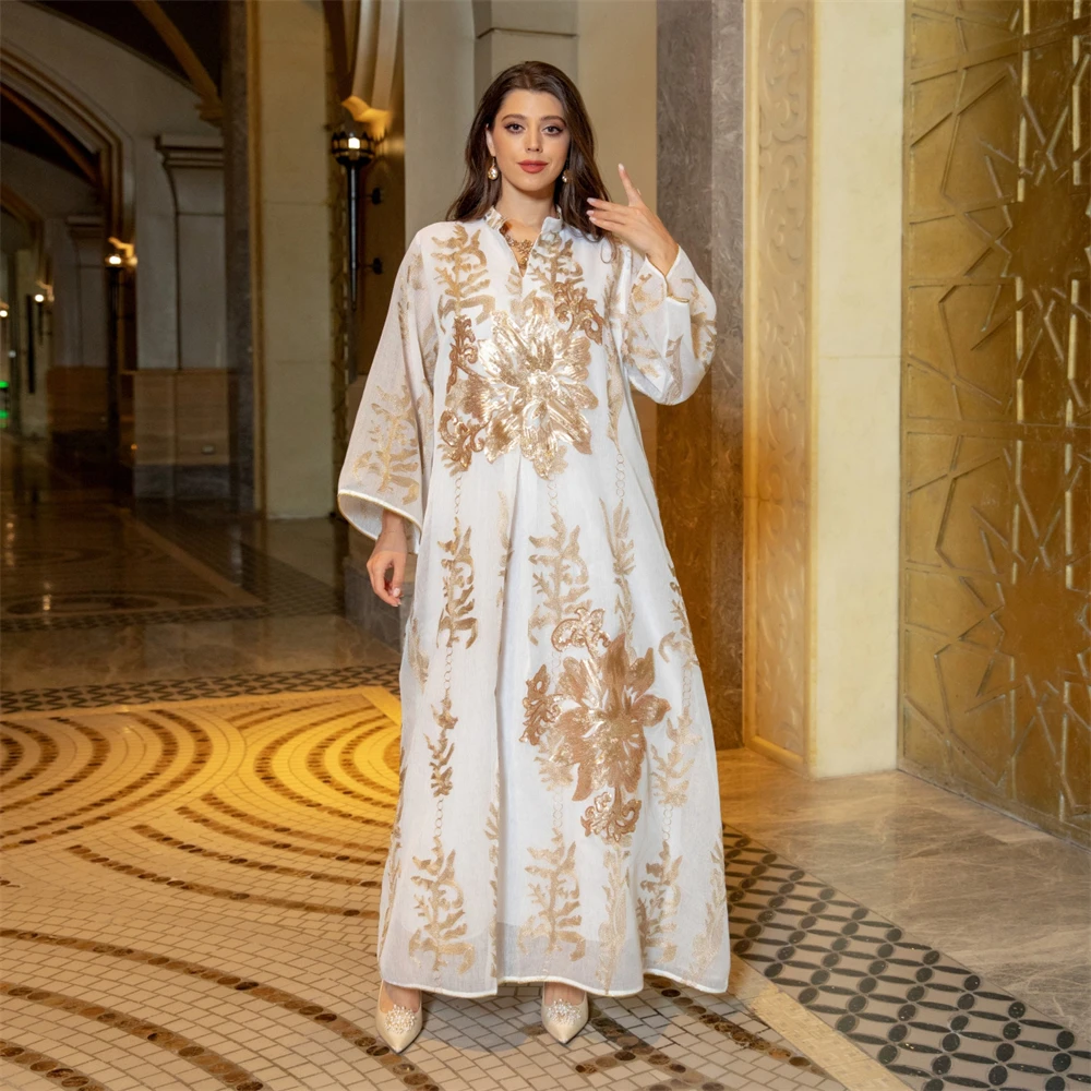 

Muslim Women Long Sleeve Kaftan Arabic Sequins Embroidered Party Evening Long Abaya Muslim Fashion Dresses