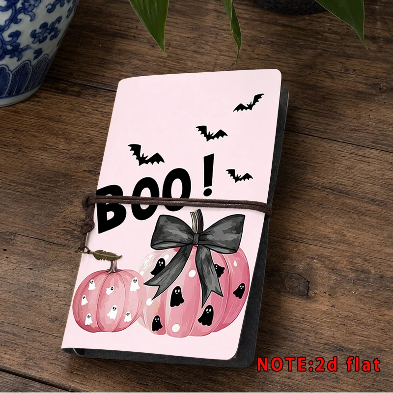 Pink Halloween Travel Journal Cute Pumpkin Ghost Bow Bat Print Binding Notebook Boo Pattern Diary Stationery Halloween Gift