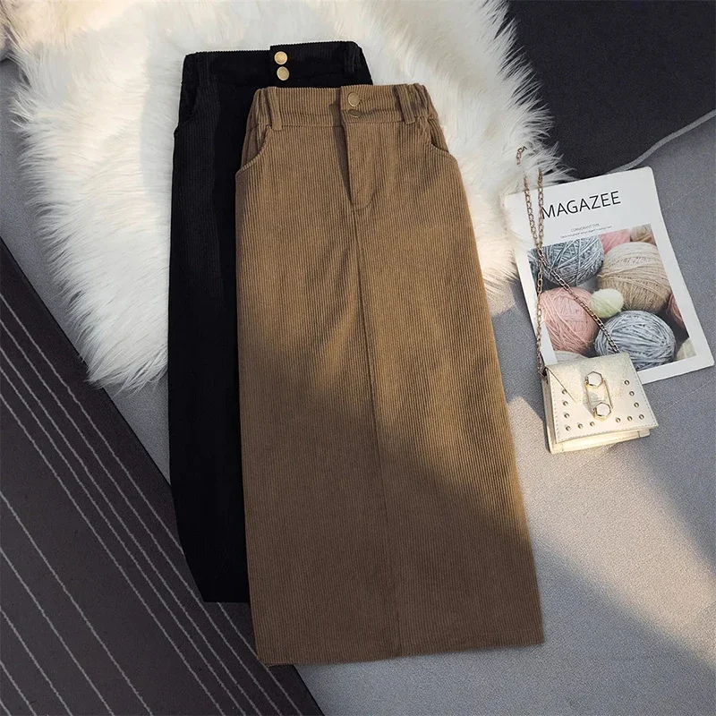 Korean Corduroy Skirts Women High Waist Pocket Autumn Winter Slim Wrap-Around Dress Elegant Fashion Casual Solid Lady Skirt