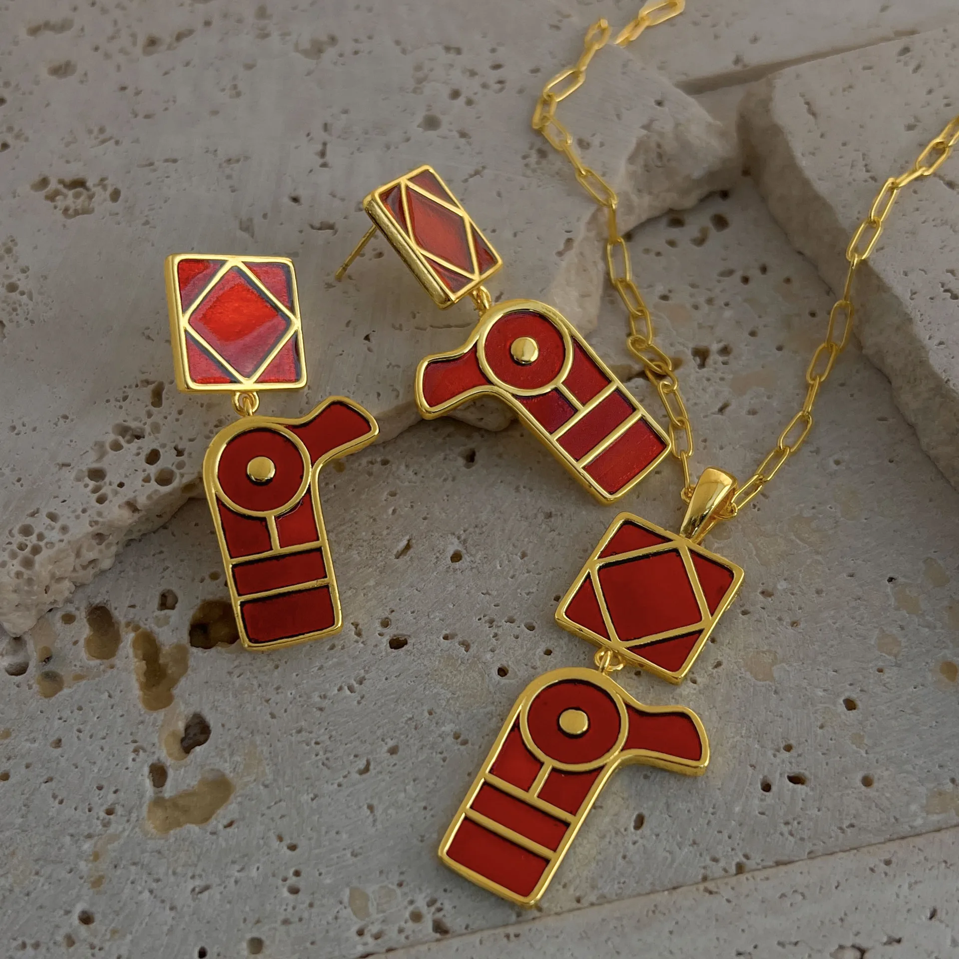 

Original Design Ancient-Egyptian Retro Enamel Geometric Pattern Necklace earrings for women art Classical Red Jewelry Sets