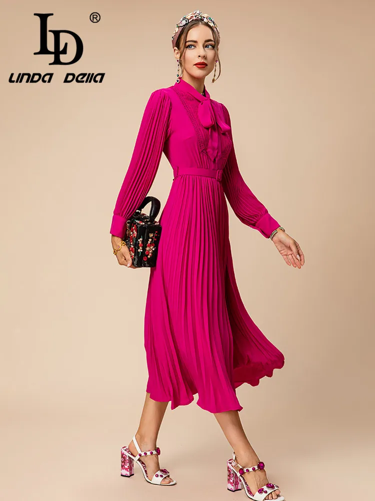 Imagem -04 - Linda Della-vestido Longo Drapeado Feminino Cinto Laço Assimétrico Elegante Festa Moda Outono e Inverno Novo Estilo ld