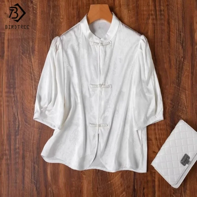 

Birdtree Summer 18MM 93% Silk 7% Spandex Tshirt,Women Jacquard Satin Short Sleeve Solid Stand Collar Shirt T56301JF