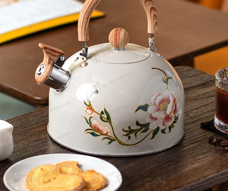 3L White Flower Pattern Whistling Water Kettle Creative Large‑Capacity Pot For Household Kitchen Tea‑Brewing Cooking Utensil