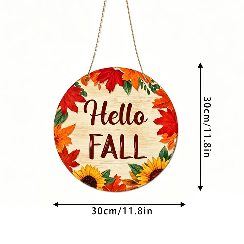 Sunflower Maple Leaf Hello Fall Circular Hanging Sign, Harvest Season Window Wall Ornament
