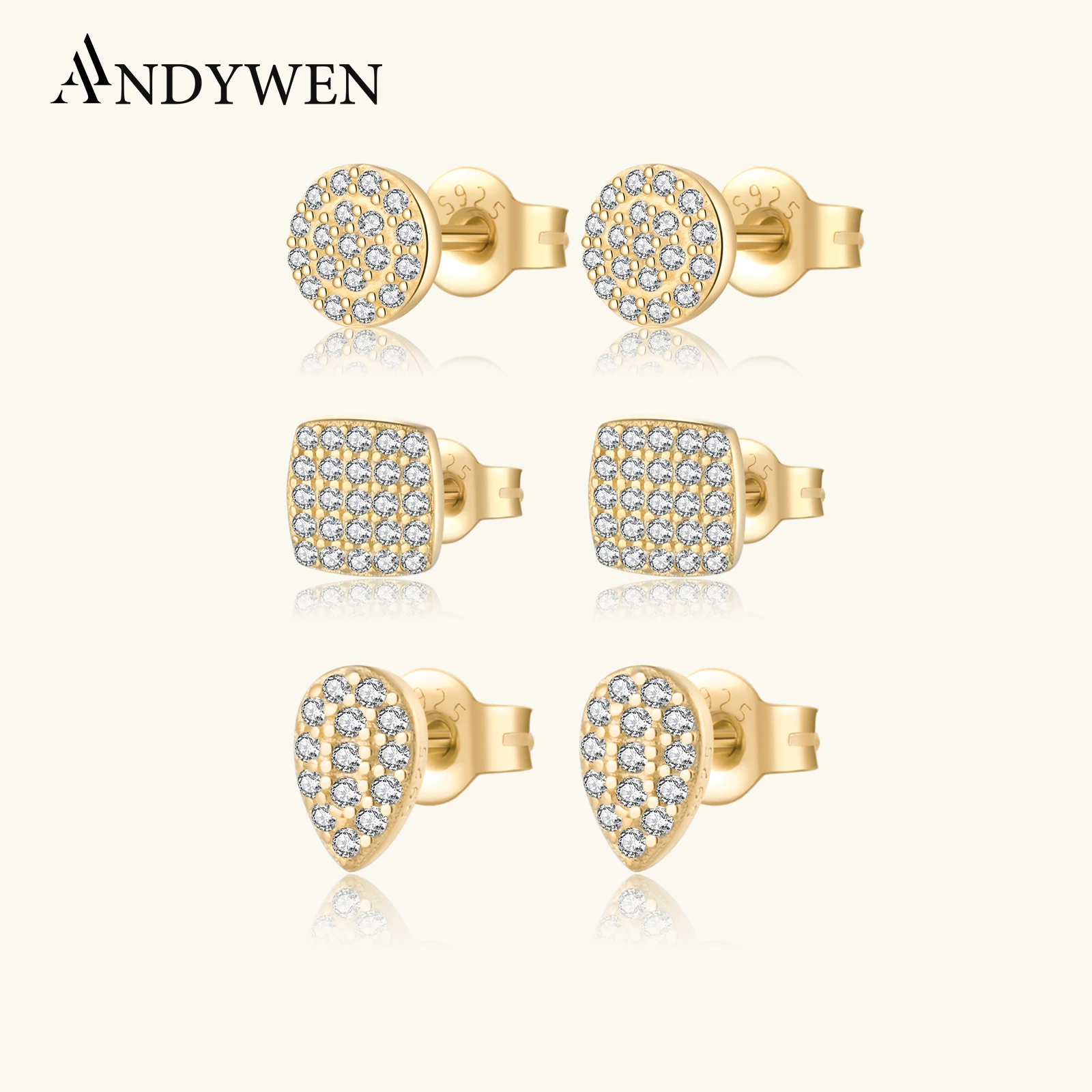

ANDYWEN стерлингового серебра 925 пробы, золото, капли воды, квадратный циркон, серьги-гвоздики с фианитом, зажимы для пирсинга, женские серьги 2023, кристаллы Pendientes