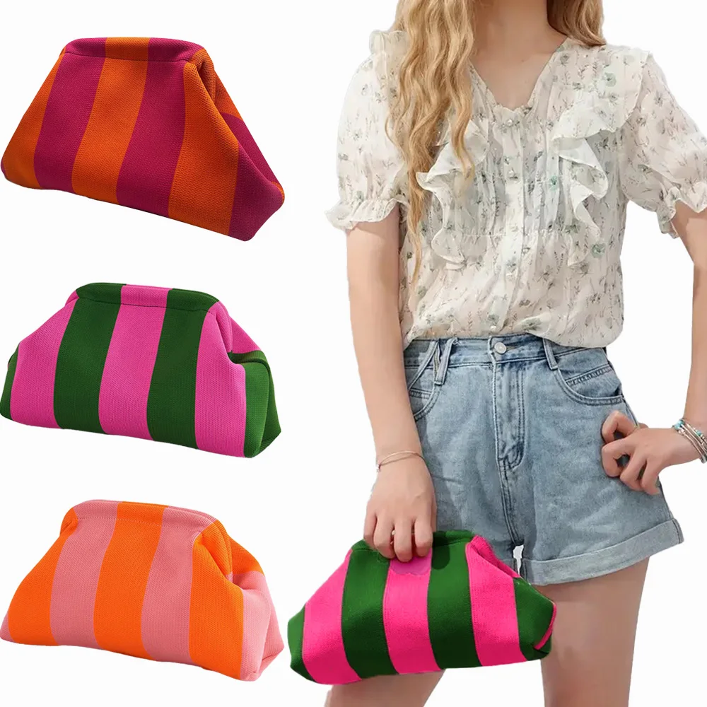 Bolso de mano de playa de verano para mujer, bolsos tejidos de ganchillo, monederos, bolso de mano tejido con bola de masa, bolso informal con bonito nube fruncido para bloques de colores
