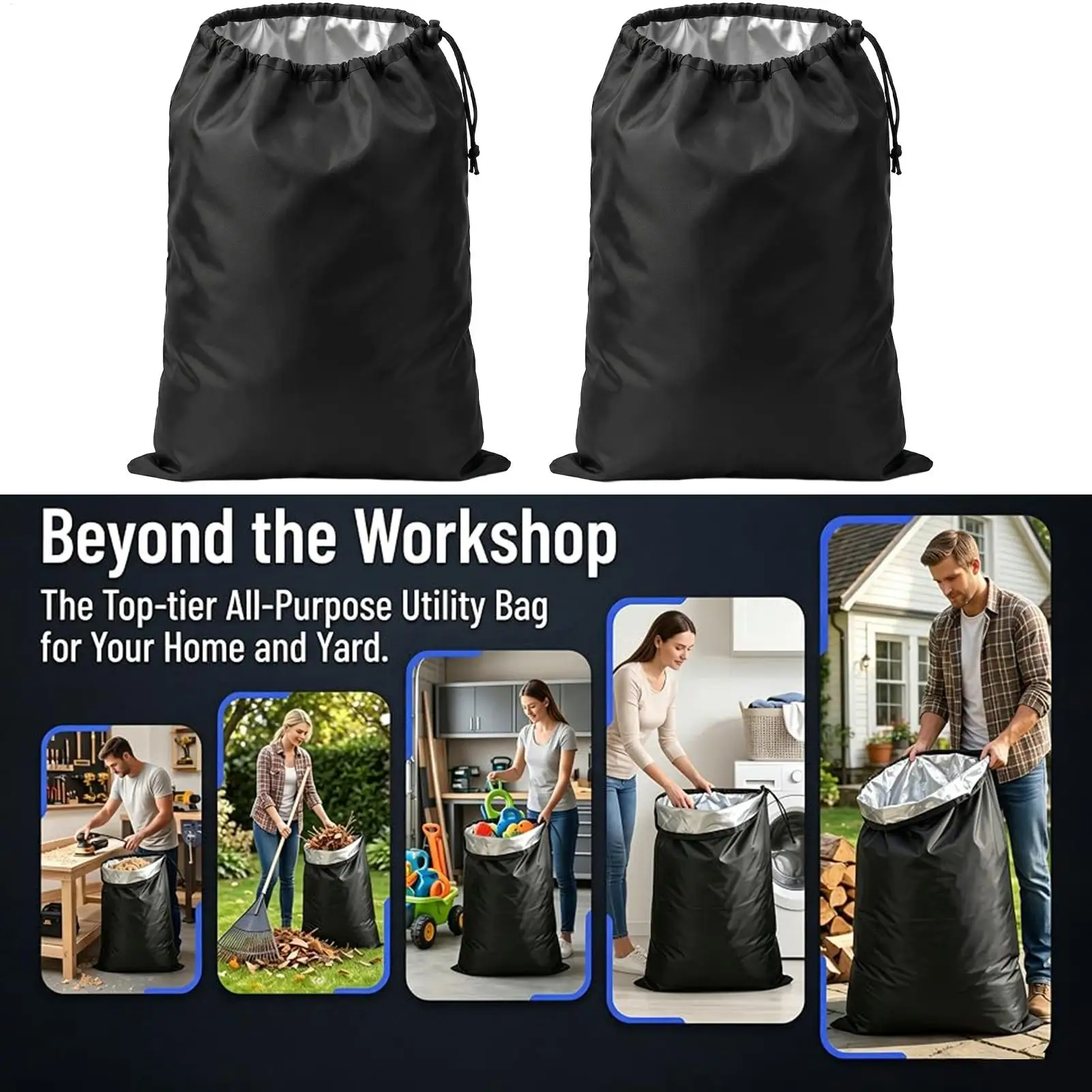 2Pcs Drawstring Chipper Collection Bag Dustproof Storage Pouch Hold Wood Chips Leaves Grass Clippings Fit Most Wood Shredder