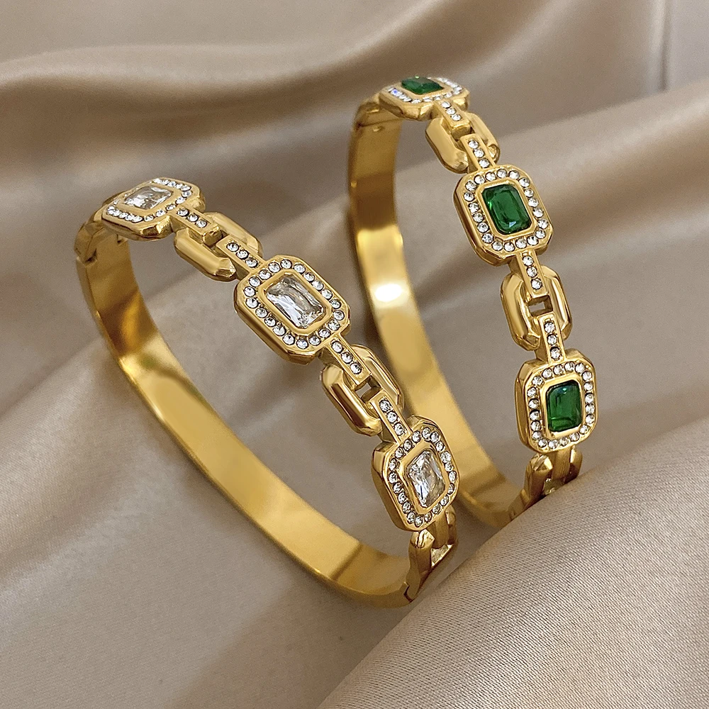 Greatera Klassisches grünes Zirkonium-Ketten-Edelstahl-Armband, hochwertiges Temperament, luxuriöser wasserdichter Damen-Armreif, Geschenk