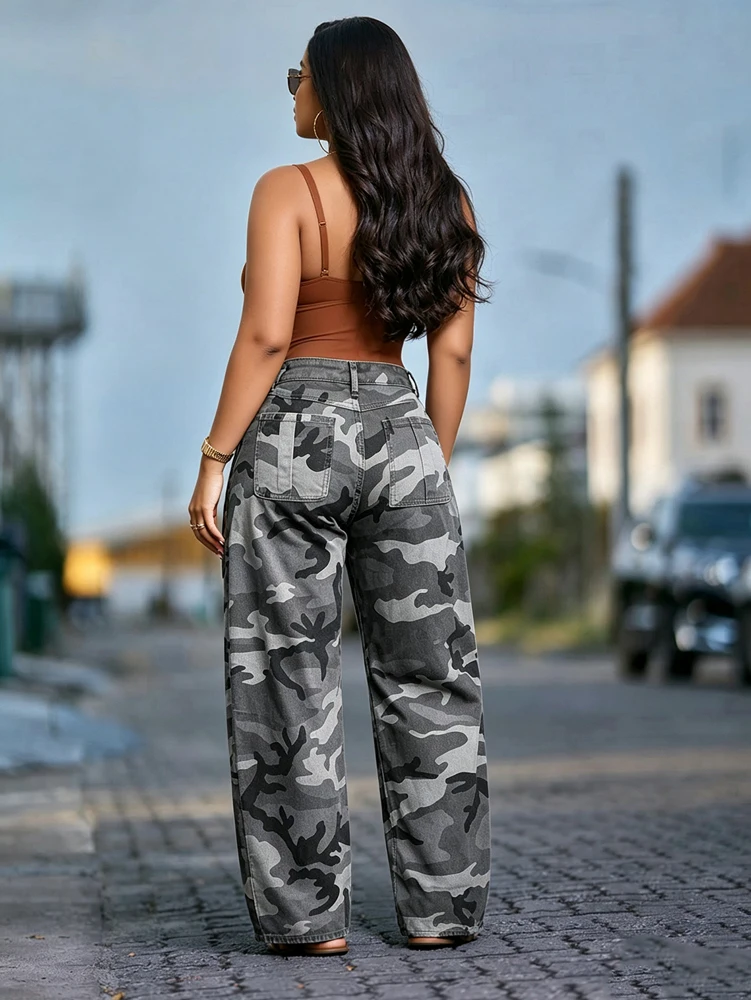 JENYAGE Damen Locker Geschnittener Vintage Camouflage-Rock mit Überwurf, Weite Hosen mit Hoher Taille, Camouflage-Muster mit Taschen, Streetwear Baggy Jeans – Detail 7