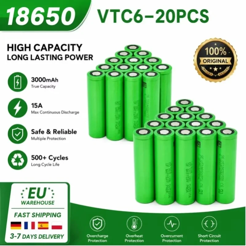 18650 Wiederaufladbare Lithium-Ionen-Batterie, VTC6 3,7V 3000mAh, 30A Entladung, geeignet für Elektroschrauber, LED-Lichtstreifen, Spielzeugbatterien