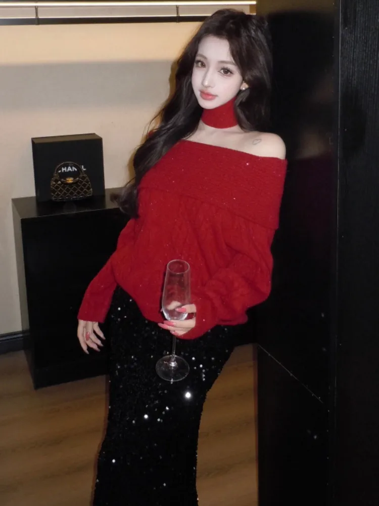 

Shiny Thread One-Shoulder Sweater And Skirt Set Fashionable Autumn Winter Outfit Korean Style Slim Fit Long Sleeve Dress