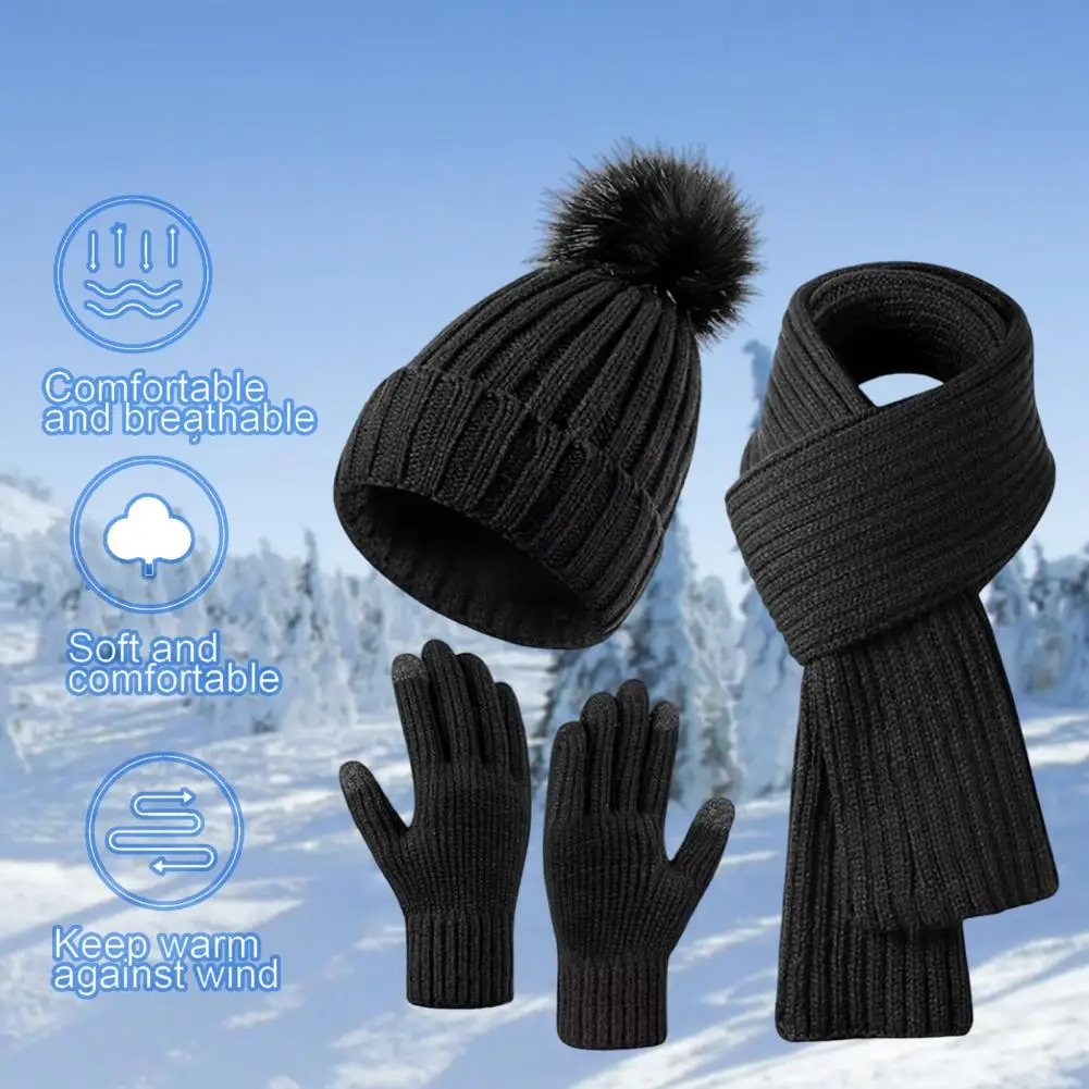 Thermo-gefüttertes Beanie-Set, Winter-Beanie-Schal-Handschuhe-Set für Damen, gestrickte warme Mütze mit Reibungspalm-Handschuhen, elastisches Ohr