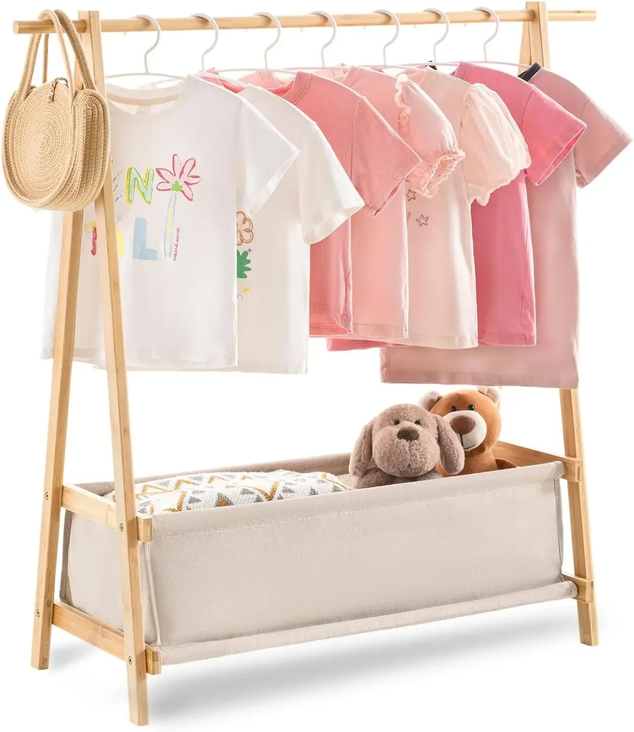 

Kids Clothing Rack with Storage Box, Bamboo Dress Up Organizer for Hanging Clothes and Dance Costumes