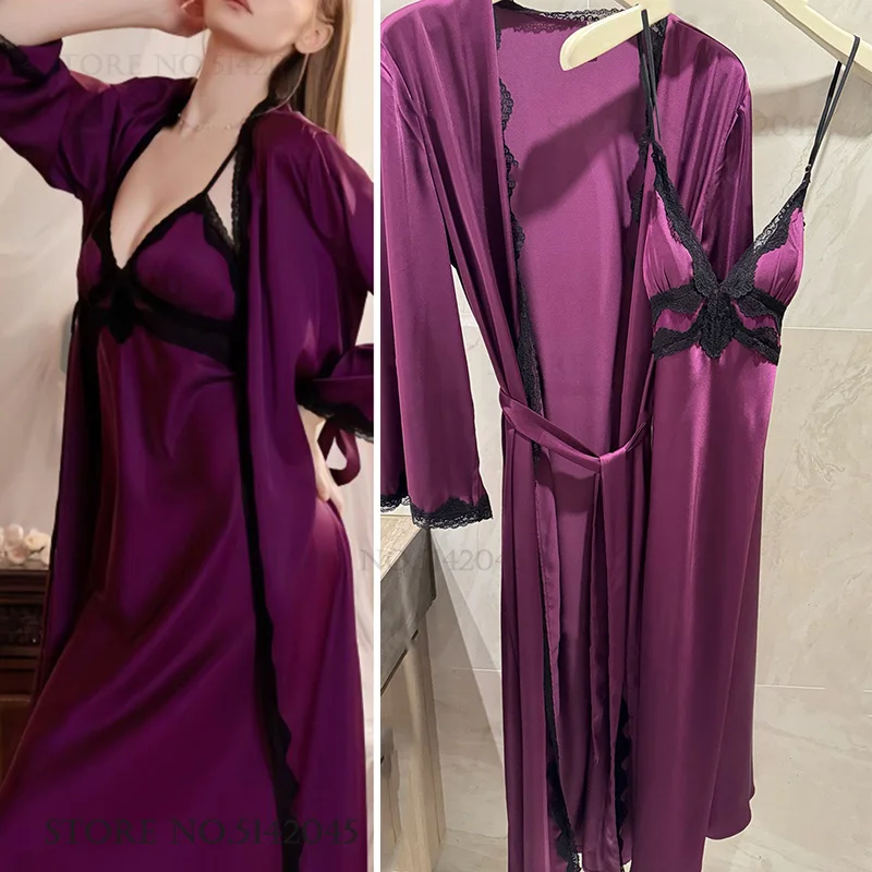 

Sexy Female Twinset Robe Set Lingerie Summer Long Kimono Bathrobe Gown Patchwork Lace Chemise Sleepwear Nightgown Rayon Homewear
