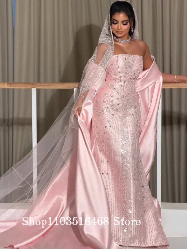 Sweet Pink Sleeveless Middle Eastern Wedding Dress Customized Elegant Arabic Bridal Gown Formal Evening Gown Engagement Dress
