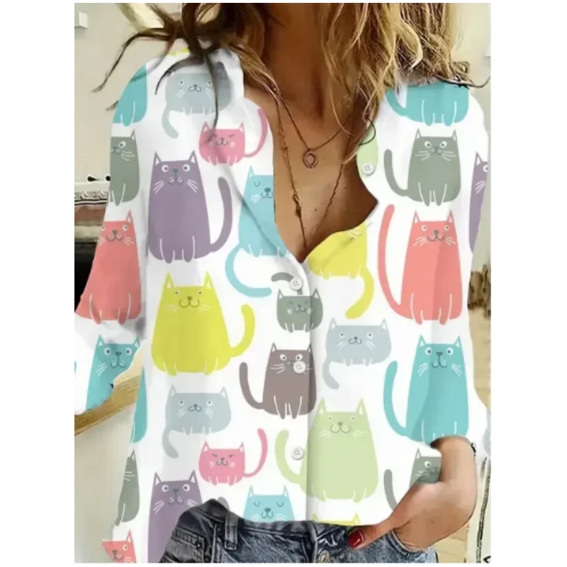 Cute Animal Prints Shirt Women's Tops Cartoon Cat Pattern Personalized Street Long Sleeve Tops Fashion Women's Trend Blouses Top