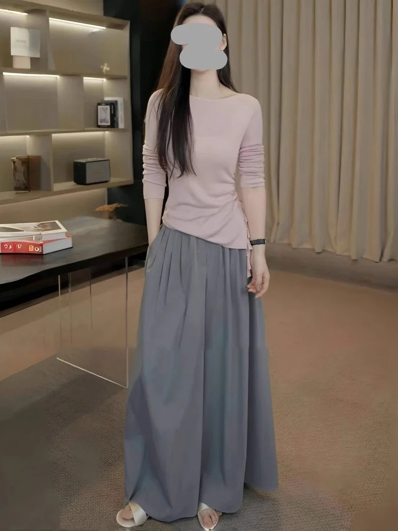 Top de punto rosa de manga larga con dobladillo lateral para mujer, top irregular plisado con abertura, estilo coreano, para ir al trabajo, ajuste ceñido, camiseta de moda.