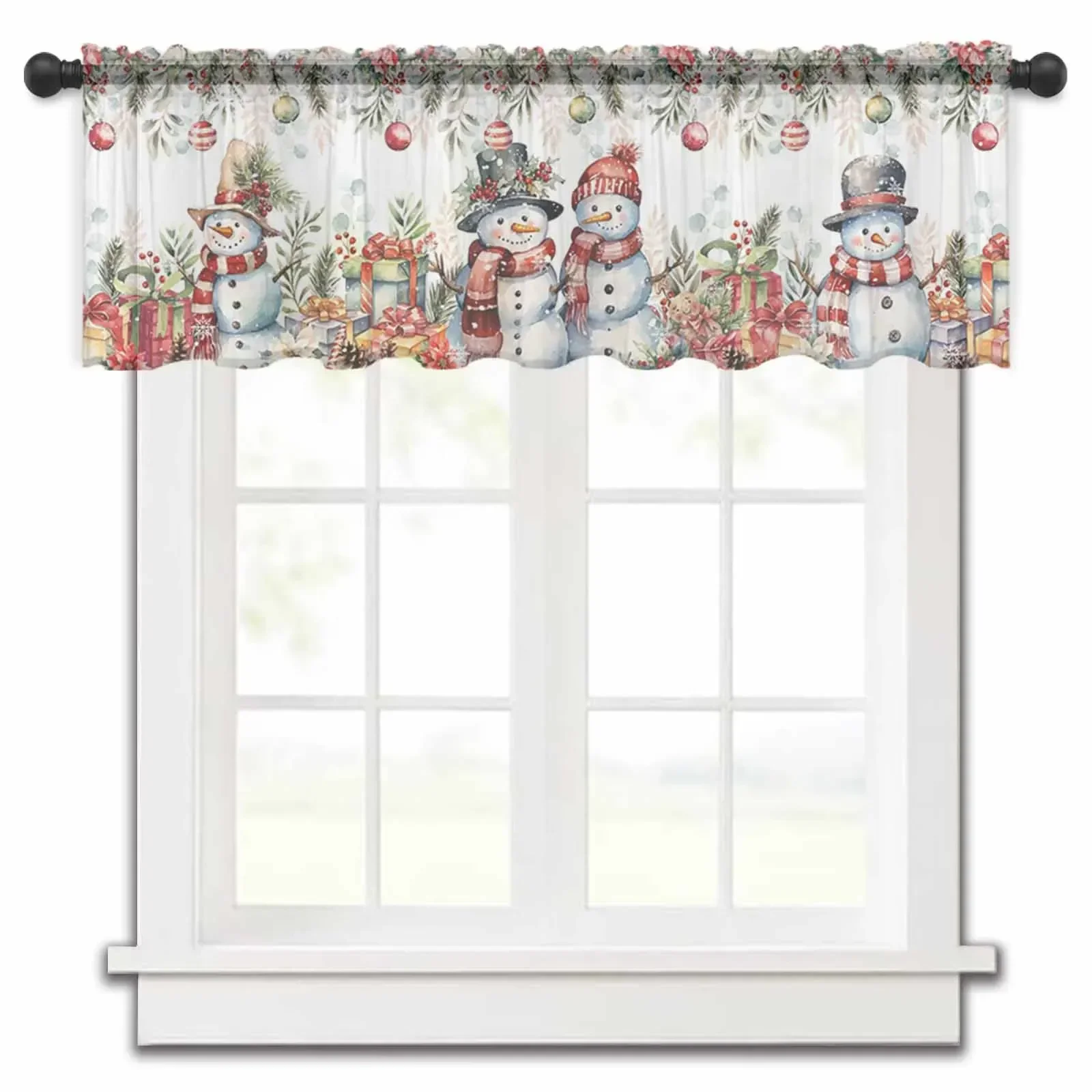 Christmas Poinsettia Berry Eucalyptus Gift Pine Cones Kitchen Curtains Tulle Sheer Short Curtain Living Room Decor Voile Drapes