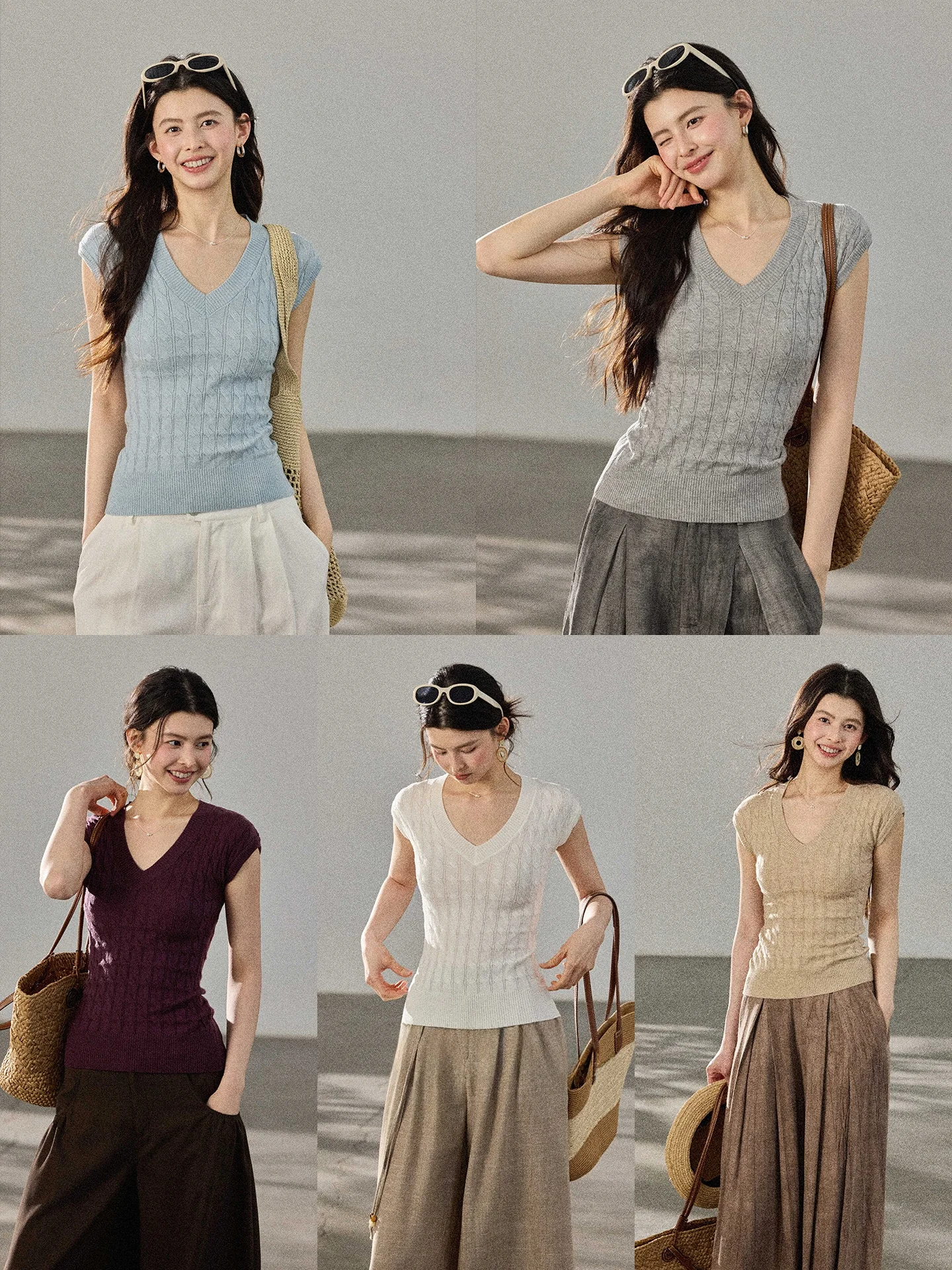 

Two Sheep Design MiaoShun Multi-Color V-Neck Short Sleeve Knitwear Women Summer Slim Fit Vertical Pit Versatile White T-Shirt