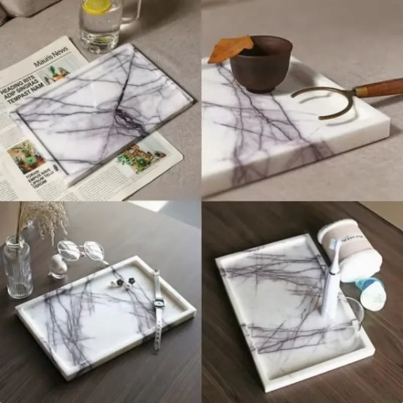 Rectangular Karakata Marble Serving Tray Polished Natural Stone Platter for Food Fruit Jewelry Display Waterproof Home Decor