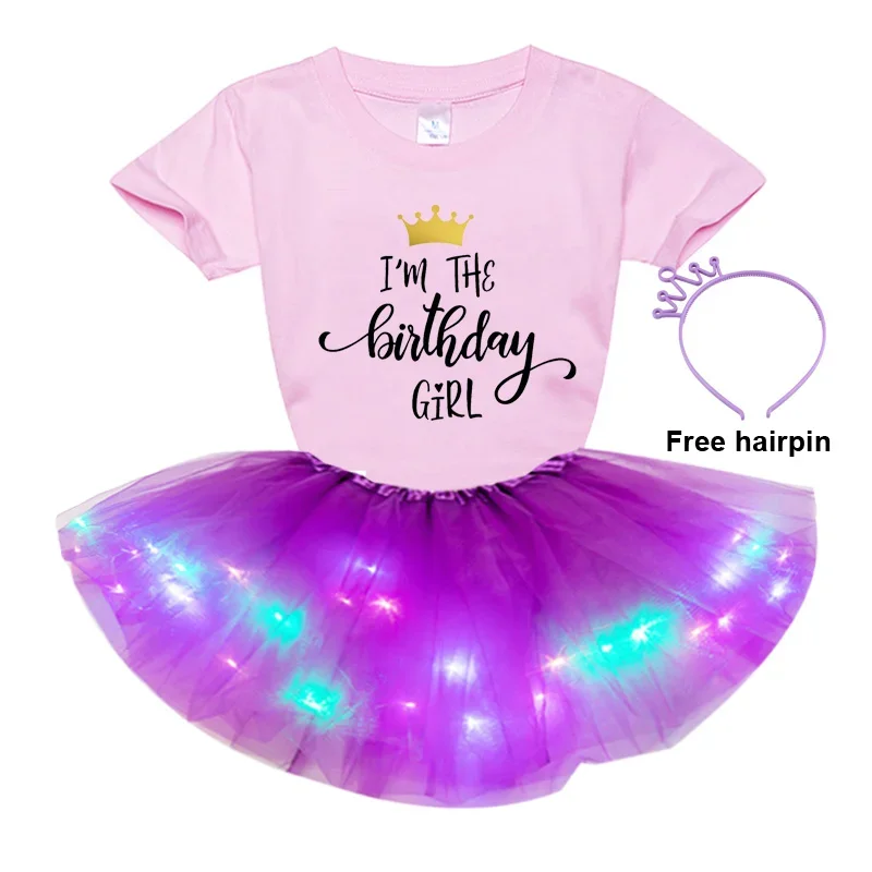 Kids Girls Clothes Dress Set 2025 Summer Girls Short Sleeve T-shirt+luminous Skirt+hairpin 3pc Set Girl Birthday Party Dress Set