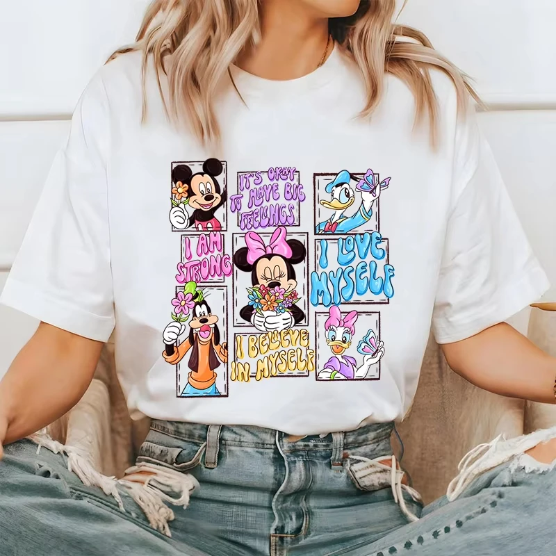 Disney Mickey and Friends Printed Adult Summer T-shirt Pure Cotton Short Sleeve Casual Top for Women Cartoon Clothing Tops