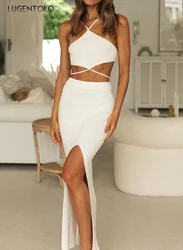 Women Sexy Dress Spaghetti Strap Party Backless Lace Up Summer Thin Empire White Slim Lady Elegant Split End Sleeveless Cloth