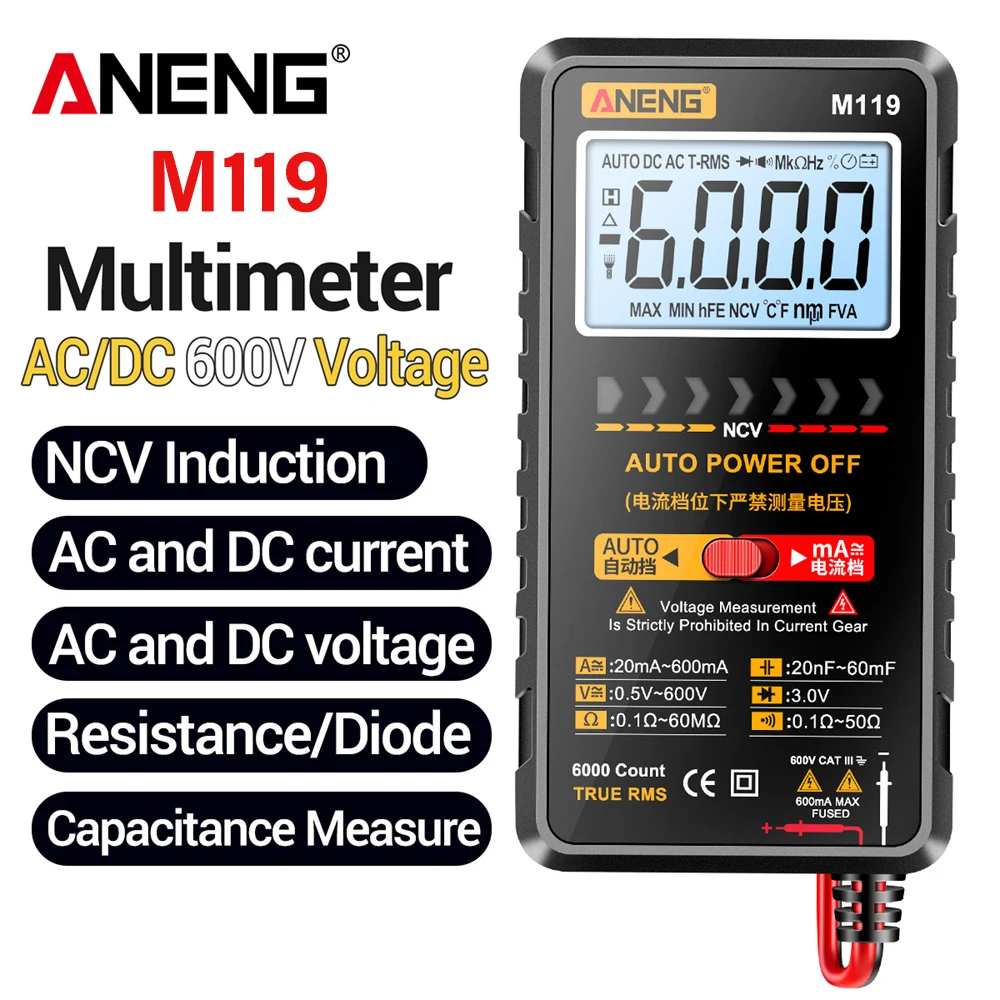 

Цифровой мини-мультиметр ANENG M119, 6000 измерений, тестер напряжения AC/DC, измеритель постоянного тока, тестер транзисторов, измеритель емкости, NCV, инструменты для электриков
