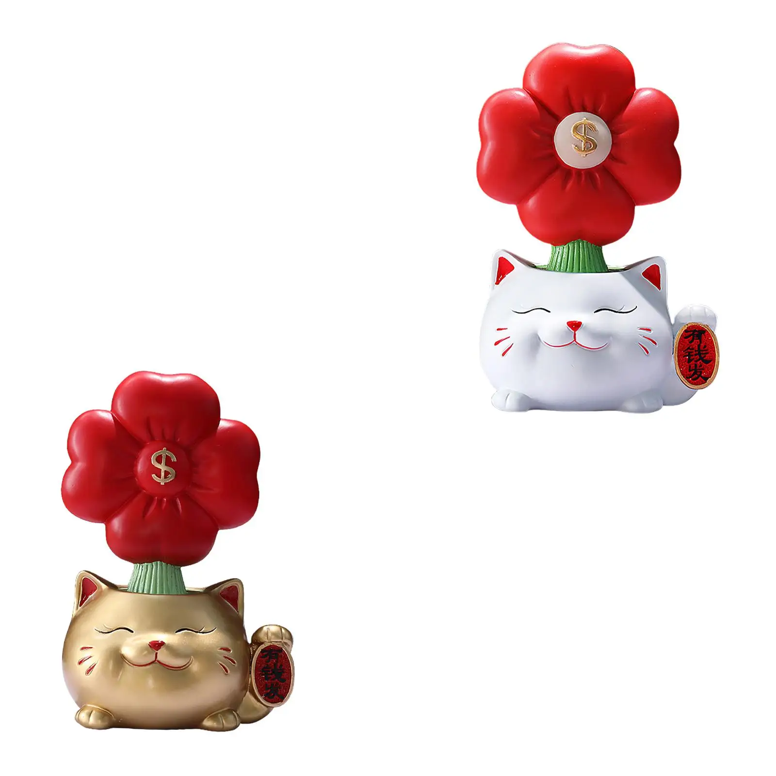 Lucky Cat Figurine with Flower Decor Chinese Style Crafts Birthday Gift Creative Statue for Entrance Office Home Bookshelf Desk