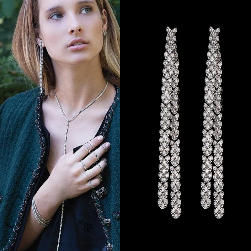 

JY Fashion Marquise CZ Cubic Zircon Long Tassel Earrings For Women Bride Elegant Simple Two Lines Wedding Drop Earrings E482